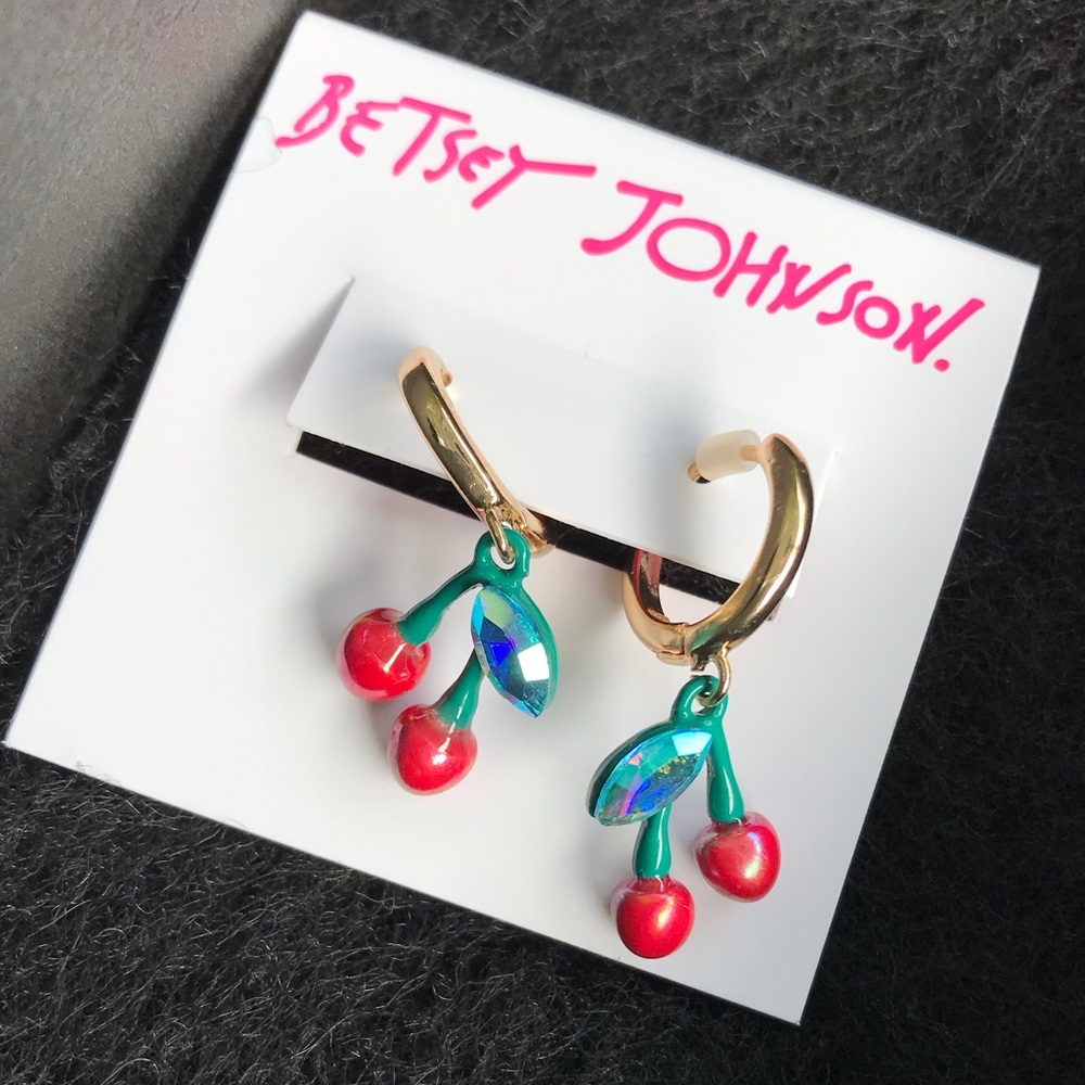 Betsey Johnson Cherry Huggy Hoop Drop AB Rhinestone Earrings New NWT